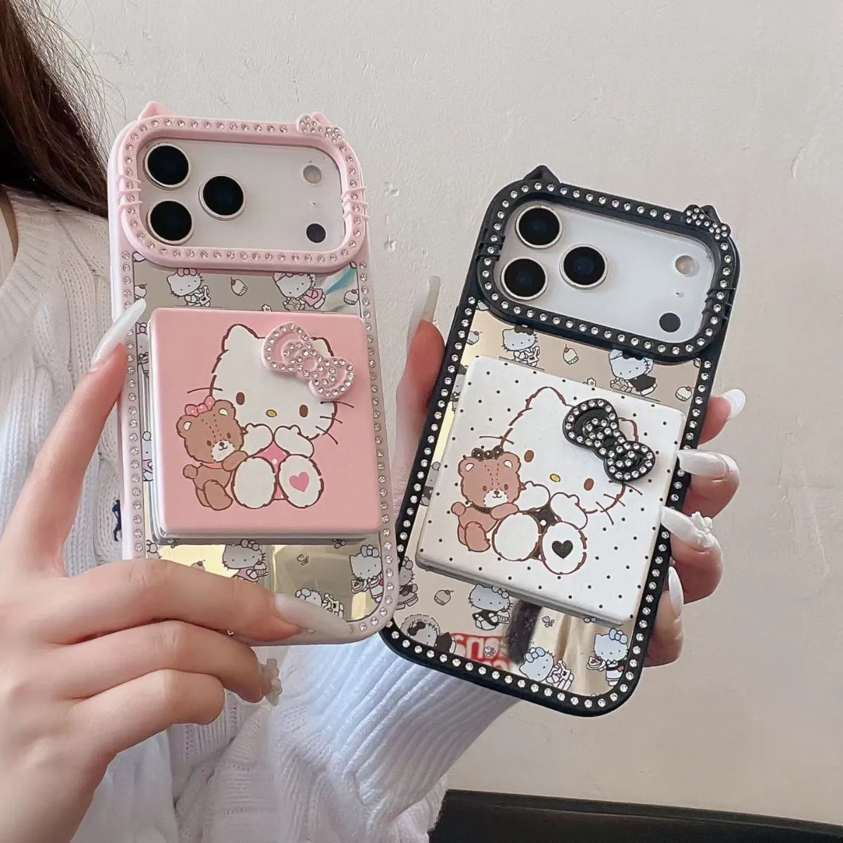 Cute Rhinestone Flip Mirror Hello Kitty Case for iPhone 17, Compatible with iPhone 16/15 Pro Max/14 Pro Max/13, Sparkly Folio Cover with Built-in Mirror